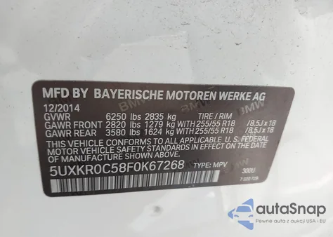 2015 BMW X5 xDrive35I из США, поврежденный, VIN 5UXKR0C58F0K67268